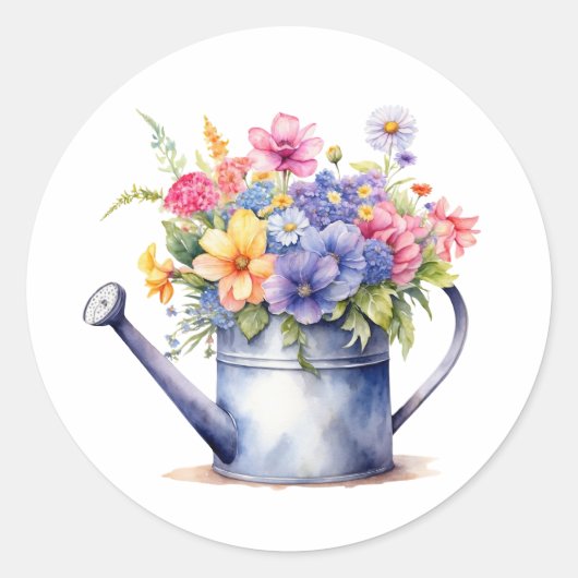 Waterverf Watering Can met Tuinbloemen Ronde Sticker (Voorkant)