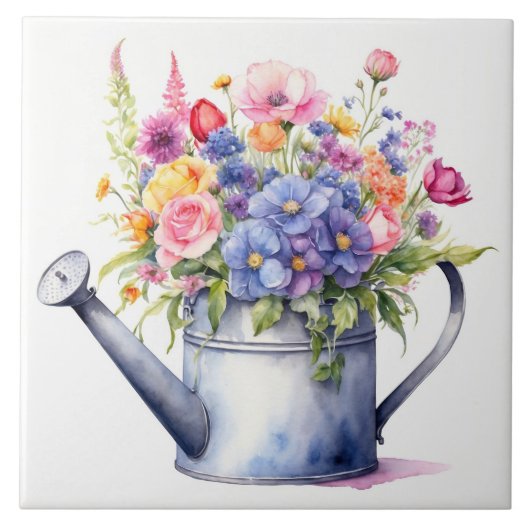 Waterverf Watering Can met Tuinbloemen Tegeltje (Voorkant)