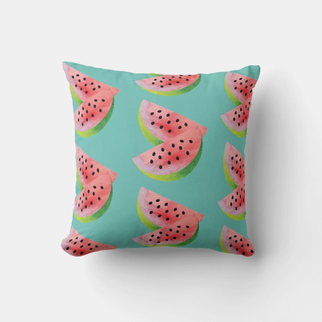 Waterverf Watermeloen Paar Zomer Teal Kussen (Voorkant)