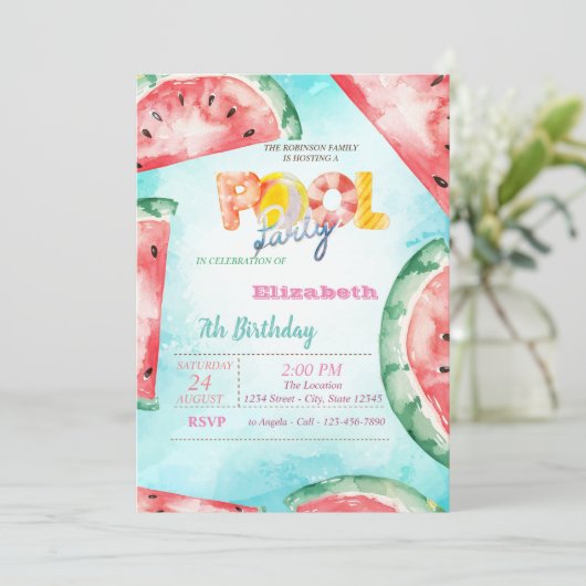 Waterverf Watermeloen Pool Party Kaart (Staand voorkant)