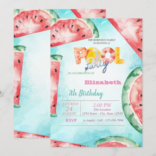 Waterverf Watermeloen Pool Party Kaart (Voorkant / Achterkant)