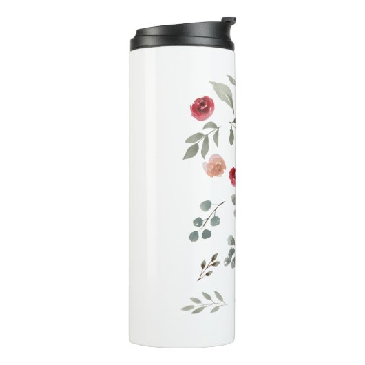 Waterverf Waterverf Rozen Groene bladeren Bladeren Thermosbeker (Gedraaid links)