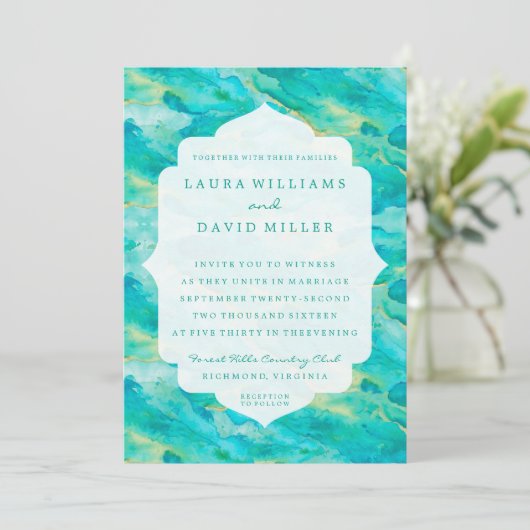 Waterverf Waves Beach huwelijksuitnodiging Kaart (Staand voorkant)