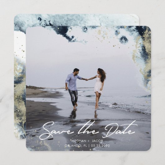 Waterverf Waves Foto Opslaan Datum Kaart (Voorkant / Achterkant)