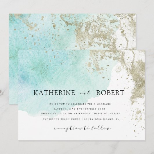 Waterverf Waves Pastel Bruiloft Kaart (Voorkant / Achterkant)