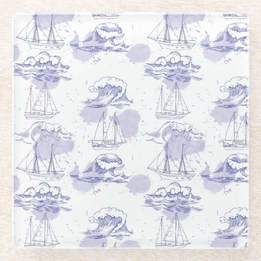 Waterverf Waves & Ships Patroon Glazen Onderzetter (Voorkant)