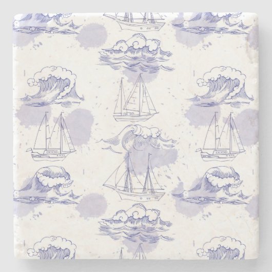 Waterverf Waves & Ships Patroon Stenen Onderzetter (Voorkant)