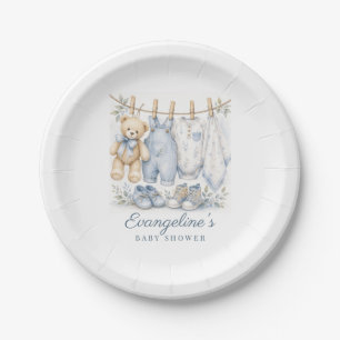 Waterverf We Can Bearly Wait Blauwe Baby Shower Papieren Bordje