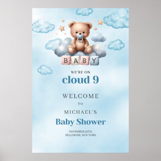 Waterverf We zijn op Cloud Nine Boy baby shower Poster (Voorkant)