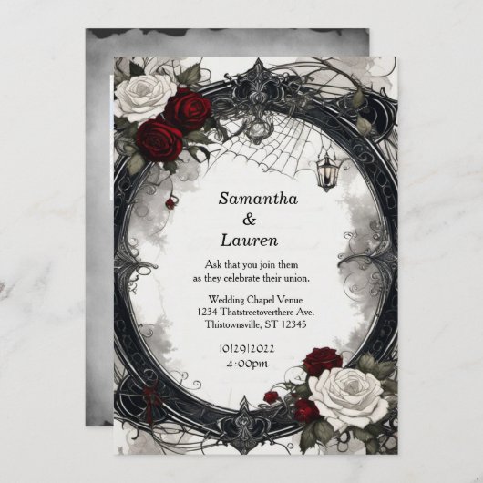 Waterverf Webbed Rozen Ingelijste Gothic Bruiloft Kaart (Voorkant / Achterkant)
