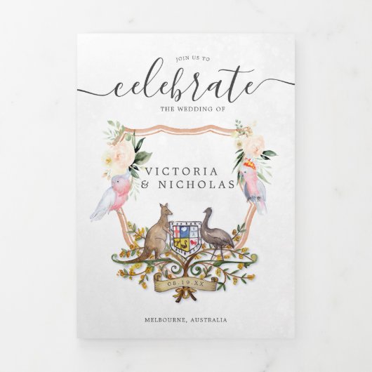 Waterverf Wedding Crest | Australiëweddenschap Drieluik Uitnodiging (Cover)