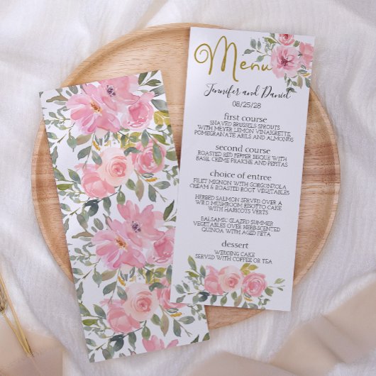 Waterverf Weelderige Roze Bloemige Bruiloft Menu