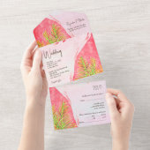 Waterverf weelderige roze Caribische bruiloft All In One Uitnodiging (Afscheurbaar)