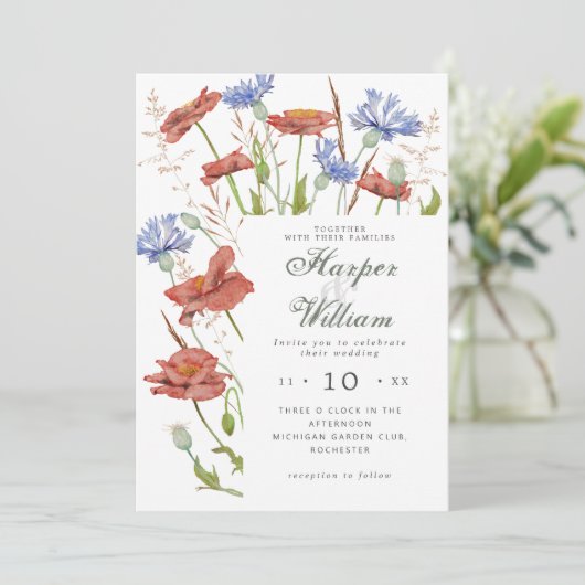 Waterverf weide bloemen bruiloft kaart (Staand voorkant)