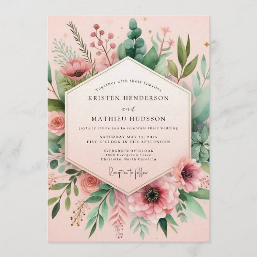 Waterverf Weide Bruiloft met Blush Tint Kaart (Voorkant)