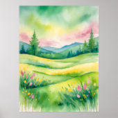 Waterverf weide landschap met heuvels en bomen poster (Voorkant)