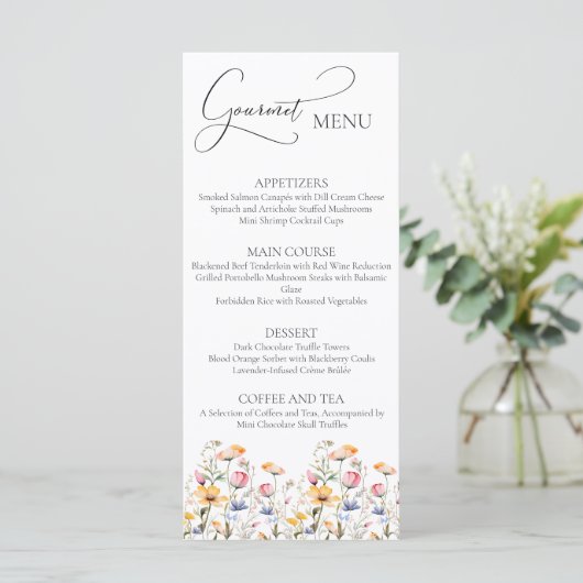Waterverf weide Wildbloemen Bruiloft Gourmet Menu (Staand voorkant)