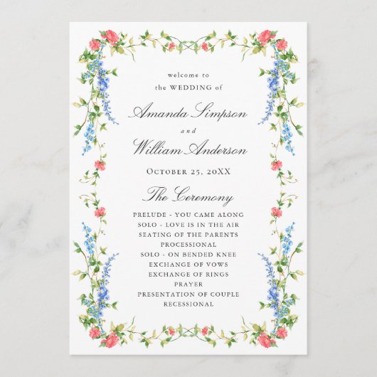 Waterverf weide Wildflower Boho huwelijksceremonie Programmakaart (Voorkant)