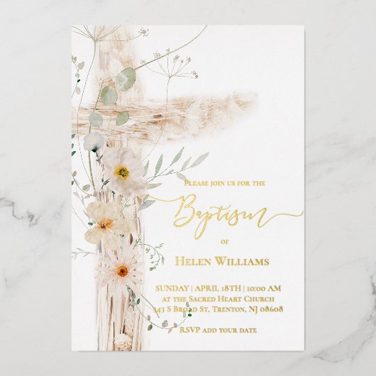 waterverf weidebloemen kruisen Doop Folie Uitnodiging (Voorkant)