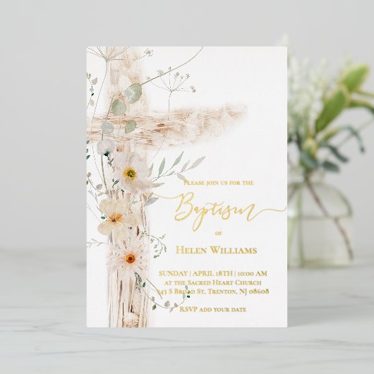 waterverf weidebloemen kruisen Doop Folie Uitnodiging (Staand Voorkant)