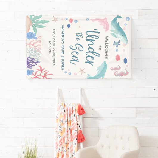 Waterverf Welkom onder de Zee Baby Girl Shower Spandoek (Insitu)
