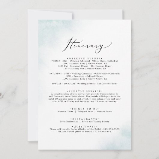 Waterverf Welkomstbrief blauw en reisroute (Achterkant)