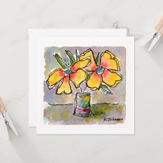 Waterverf Wenskaart gele bloemen Kaart (Voorkant / Achterkant in situ)