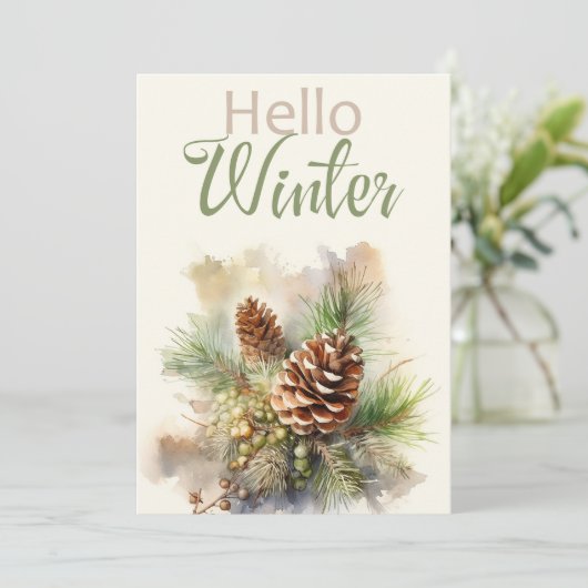 Waterverf wenskaart met dennentakken, kegels kaart (Staand voorkant)