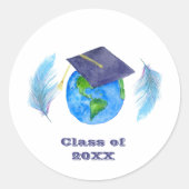 Waterverf wereld met studiepluier en veren ronde sticker (Voorkant)