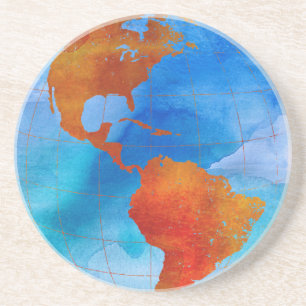 Waterverf wereld zandsteen onderzetter