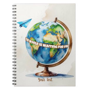 Waterverf Wereldbol en papier vliegtuigontwerp Notitieboek