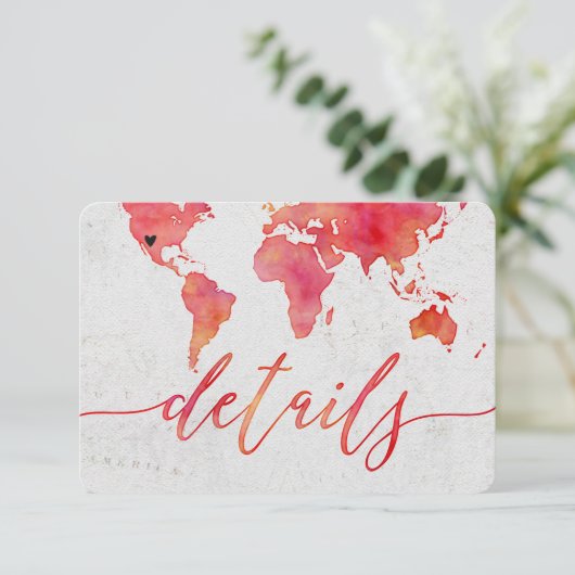 Waterverf Wereldkaart Bestemming Bruiloft Details Informatiekaartje (Staand voorkant)