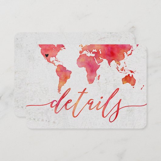 Waterverf Wereldkaart Bestemming Bruiloft Details Informatiekaartje (Voorkant / Achterkant)