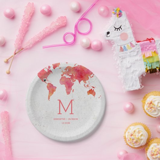 Waterverf Wereldkaart bestemming bruiloft monogram Papieren Bordje (Feest)