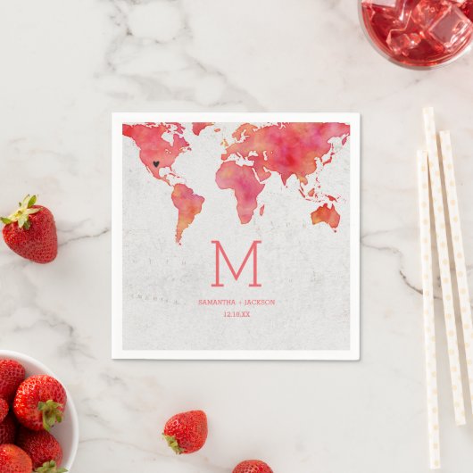 Waterverf Wereldkaart bestemming bruiloft monogram Servetten (Insitu)