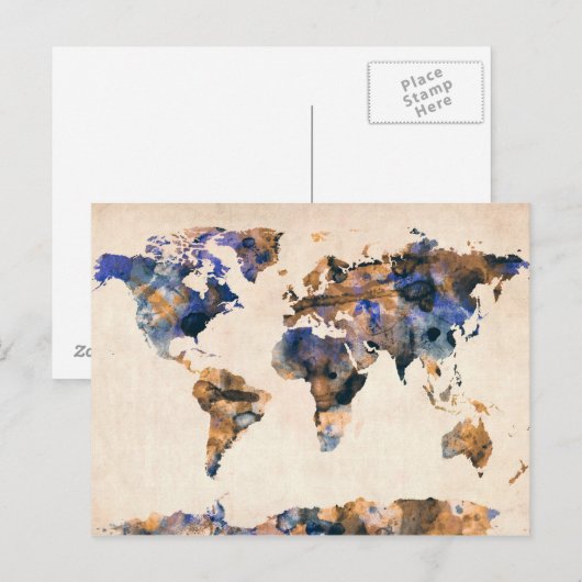 Waterverf wereldkaart briefkaart (Voorkant / Achterkant)