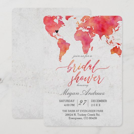 Waterverf Wereldkaart bruids doucheuitnodiging Kaart (Voorkant / Achterkant)