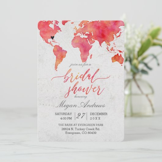 Waterverf Wereldkaart bruids doucheuitnodiging Kaart (Staand voorkant)