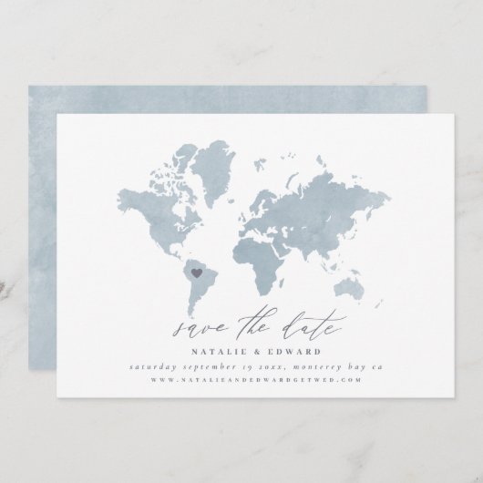 Waterverf wereldkaart bruiloft aankondiging (Voorkant / Achterkant)