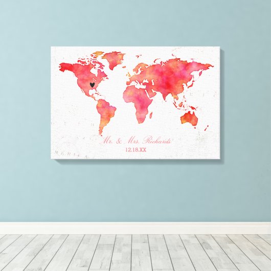 Waterverf Wereldkaart Bruiloft Alternatief Gastenb Canvas Afdruk (Insitu (Houten vloer))