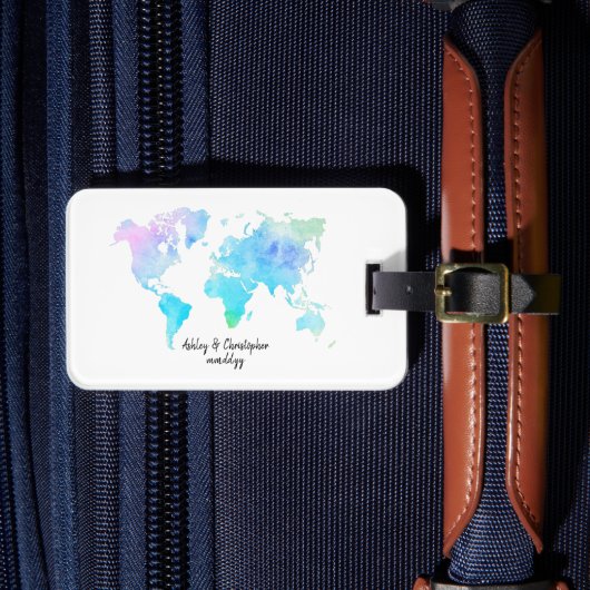 Waterverf Wereldkaart Bruiloft Pas getrouwd Trip G Bagagelabel (Voorkant Insitu 4)