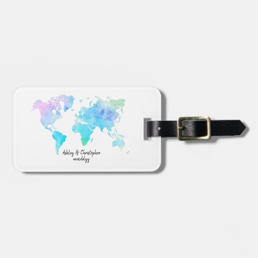 Waterverf Wereldkaart Bruiloft Pas getrouwd Trip G Bagagelabel (Voorkant horizontaal)