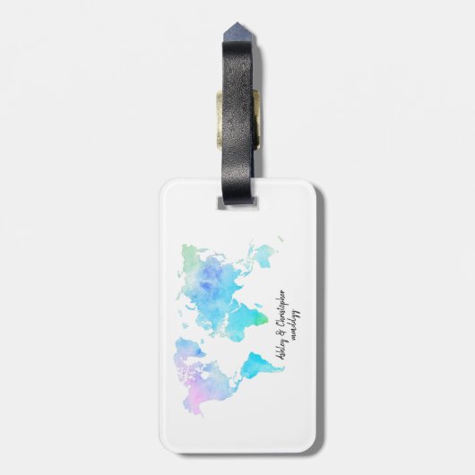 Waterverf Wereldkaart Bruiloft Pas getrouwd Trip G Bagagelabel (Achterkant verticaal)