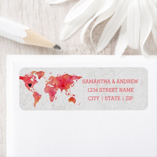 Waterverf Wereldkaart Bruiloft Retouradres Etiket (Insitu)