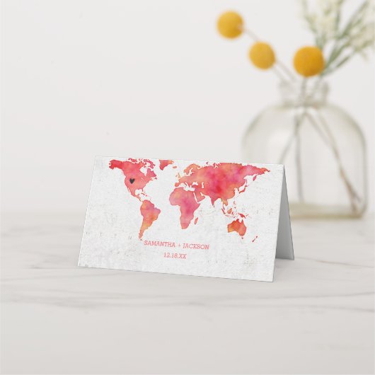 Waterverf Wereldkaart Bruiloft Tafel Zitplaatsen Plaatskaartje (Achterkant)
