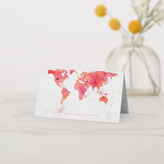 Waterverf Wereldkaart Bruiloft Tafel Zitplaatsen Plaatskaartje (Voorkant)