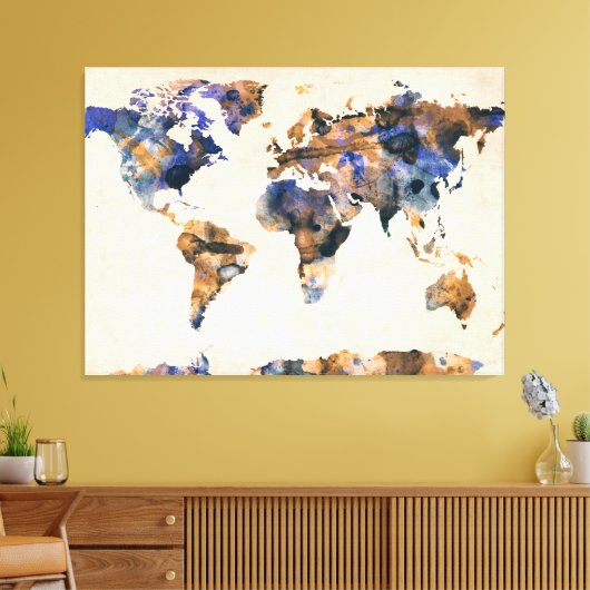 Waterverf wereldkaart canvas afdruk (Insitu (Woonkamer))