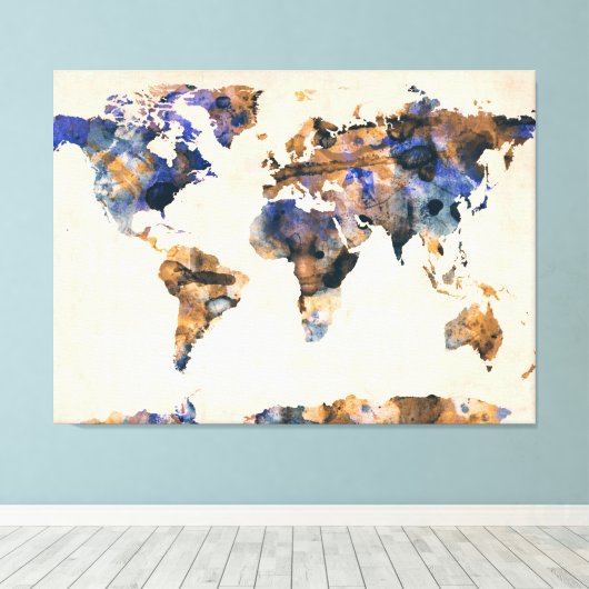Waterverf wereldkaart canvas afdruk (Insitu (Houten vloer))