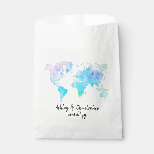 Waterverf Wereldkaart gepersonaliseerde bruiloft p Bedankzakje (Voorkant)