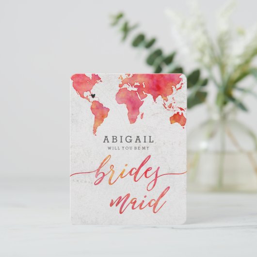 Waterverf Wereldkaart zal je bruidsmeisje zijn Kaart (Staand voorkant)